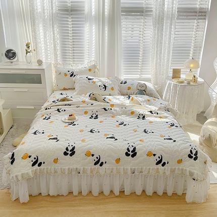  2023新款全棉蕾丝刺绣床盖四件套（夹棉被套） 黑白熊猫