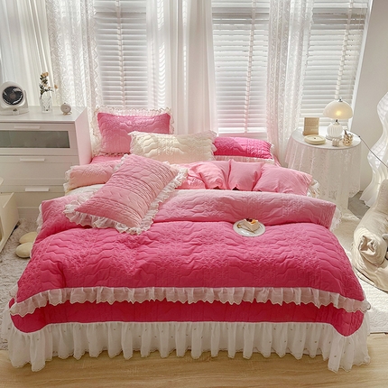  2023新款全棉蕾丝刺绣床盖四件套（夹棉被套） 玫粉