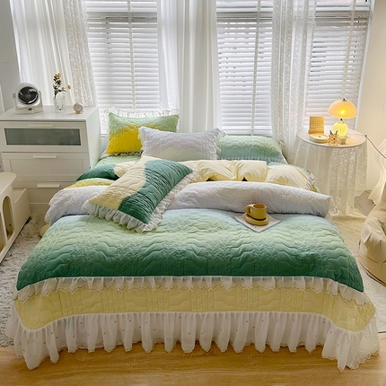 91家纺网 家纺一手货源 找家纺  2023新款全棉蕾丝刺绣床盖四件套（夹棉被套） 黄绿