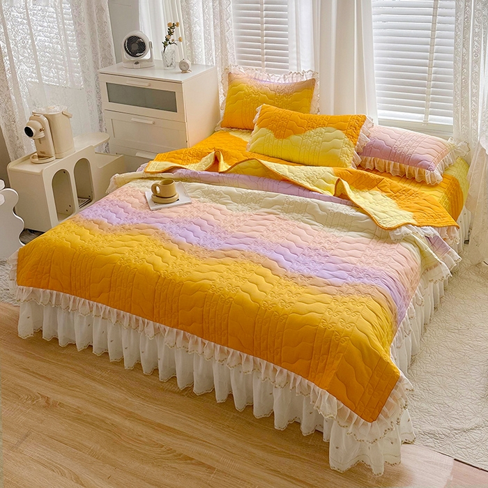 91家纺网 家纺一手货源 找家纺 宜凡家纺 全棉床盖夏被四件套 杏黄