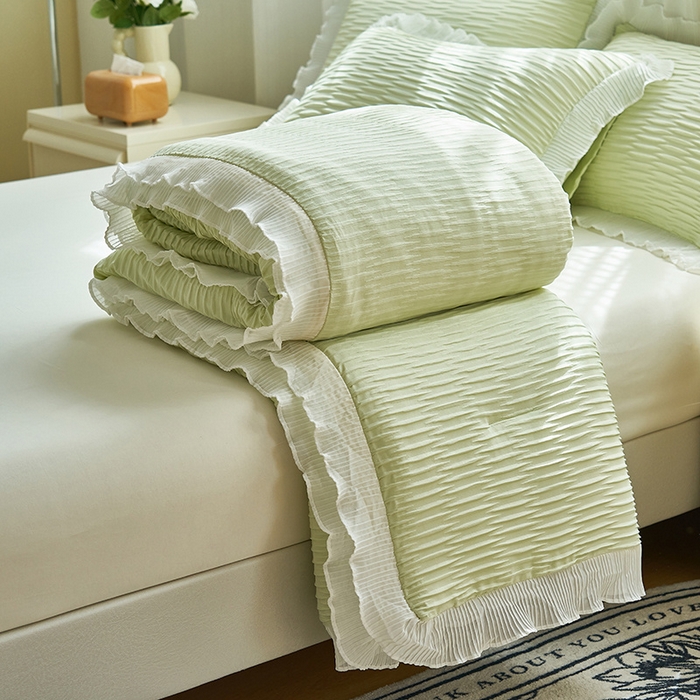 91家纺网 家纺一手货源 找家纺 畅销被业 2024新款泡泡纱花边夏被四件套 花边款泡泡纱-芥末绿