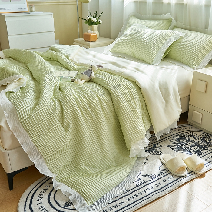 91家纺网 家纺一手货源 找家纺 畅销被业 2024新款泡泡纱花边夏被四件套 花边款泡泡纱-芥末绿