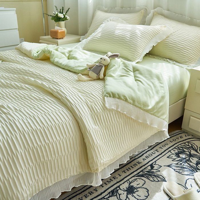 91家纺网 家纺一手货源 找家纺 畅销被业 2024新款泡泡纱花边夏被四件套 花边款泡泡纱-米白