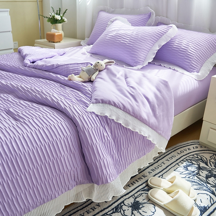 91家纺网 家纺一手货源 找家纺 畅销被业 2024新款泡泡纱花边夏被四件套 花边款泡泡纱-浅紫色