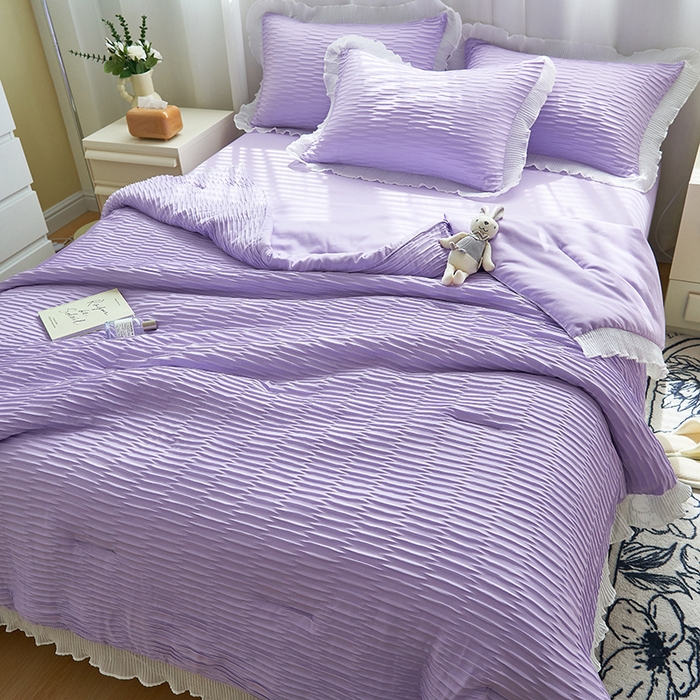 91家纺网 家纺一手货源 找家纺 畅销被业 2024新款泡泡纱花边夏被四件套 花边款泡泡纱-浅紫色