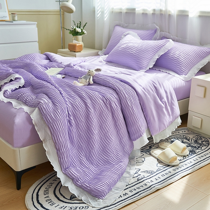 91家纺网 家纺一手货源 找家纺 畅销被业 2024新款泡泡纱花边夏被四件套 花边款泡泡纱-浅紫色