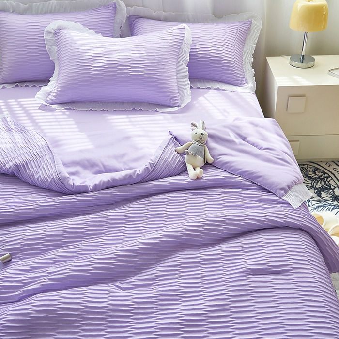 91家纺网 家纺一手货源 找家纺 畅销被业 2024新款泡泡纱花边夏被四件套 花边款泡泡纱-浅紫色