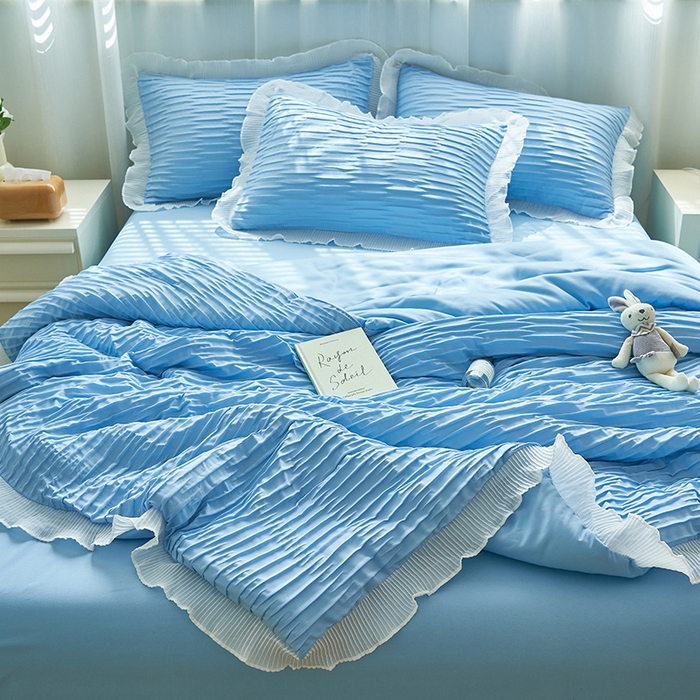 91家纺网 家纺一手货源 找家纺 畅销被业 2024新款泡泡纱花边夏被四件套 花边款泡泡纱-天蓝色