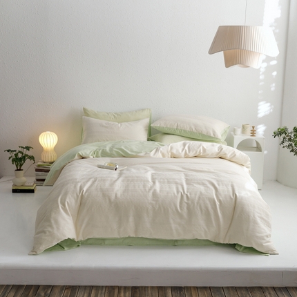 艾莱家纺 2023新款大麦华夫格水洗棉大提花四件套 大麦：奶油黄+浅绿