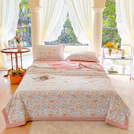 91家纺网 家纺一手货源 找家纺 （总）33家纺2024新款A类水洗棉麻双层纱印花大豆被夏被四件套风格一