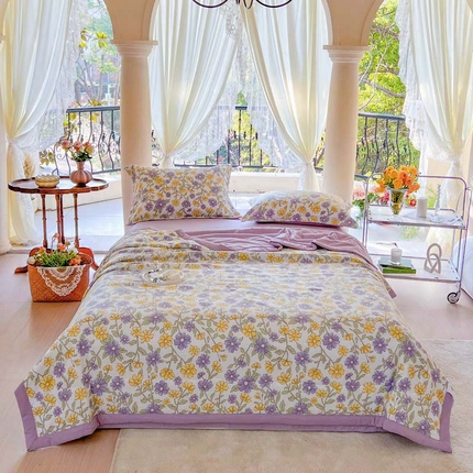 91家纺网 家纺一手货源 找家纺 （总）33家纺2024新款A类水洗棉麻双层纱印花大豆被夏被四件套风格一