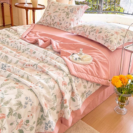 91家纺网 家纺一手货源 找家纺 （总）33家纺2024新款A类水洗棉麻双层纱印花大豆被夏被四件套风格一