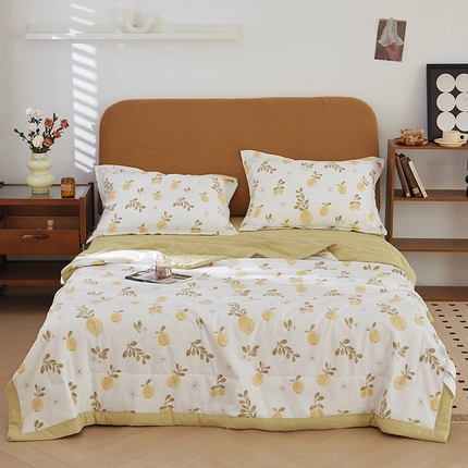 91家纺网 家纺一手货源 找家纺 33家纺 2023新款A类水洗棉麻双层纱印花大豆被夏被四件套风格二 夏日柠檬