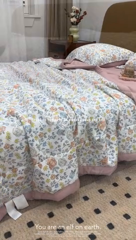 91家纺网 家纺一手货源 找家纺 33 新款A类水洗棉麻双层纱印花大豆被夏被四件套风格二 花花世界