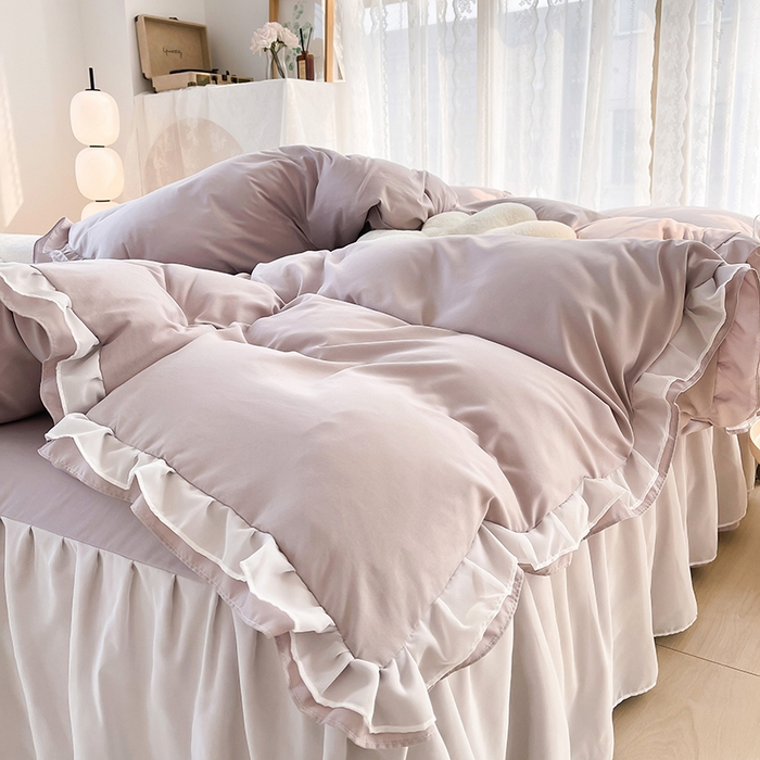 91家纺网 家纺一手货源 找家纺 简爱 2025新款水洗棉雪纺双层花边四件套 高级灰