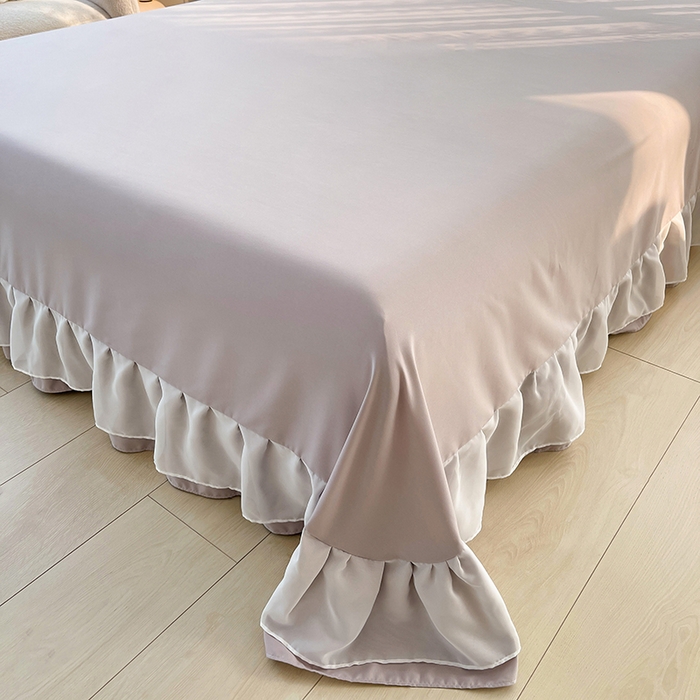 91家纺网 家纺一手货源 找家纺 简爱 2025新款水洗棉雪纺双层花边四件套 高级灰