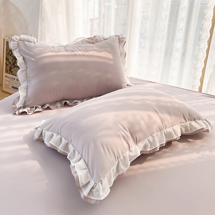 91家纺网 家纺一手货源 找家纺 简爱 2025新款水洗棉雪纺双层花边四件套 高级灰