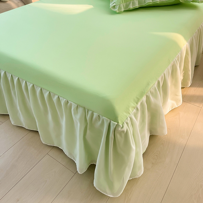 91家纺网 家纺一手货源 找家纺 简爱 2025新款水洗棉雪纺双层花边四件套 抹茶绿