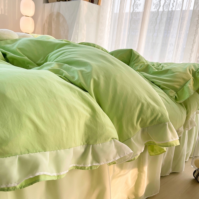 91家纺网 家纺一手货源 找家纺 简爱 2025新款水洗棉雪纺双层花边四件套 抹茶绿