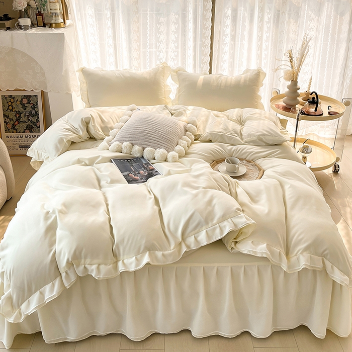 91家纺网 家纺一手货源 找家纺 简爱 2025新款水洗棉雪纺双层花边四件套 奶油黄