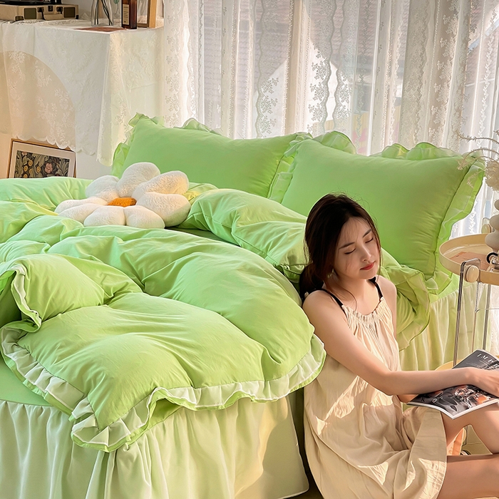 91家纺网 家纺一手货源 找家纺 简爱 2025新款水洗棉雪纺双层花边四件套 抹茶绿