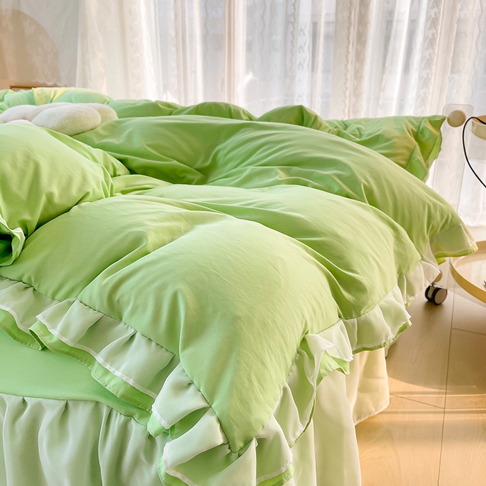 91家纺网 家纺一手货源 找家纺 简爱 2025新款水洗棉雪纺双层花边四件套 抹茶绿