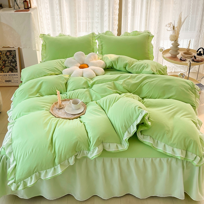 91家纺网 家纺一手货源 找家纺 简爱 2025新款水洗棉雪纺双层花边四件套 抹茶绿