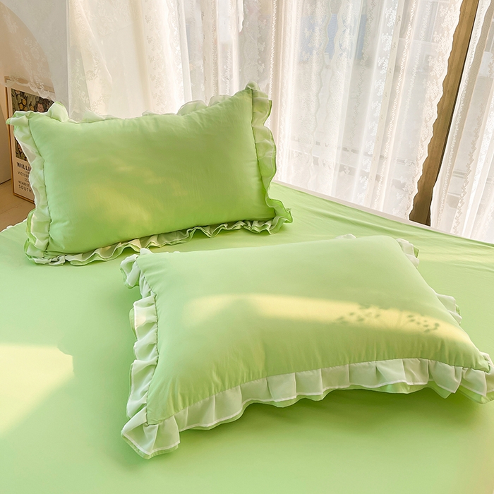 91家纺网 家纺一手货源 找家纺 简爱 2025新款水洗棉雪纺双层花边四件套 抹茶绿