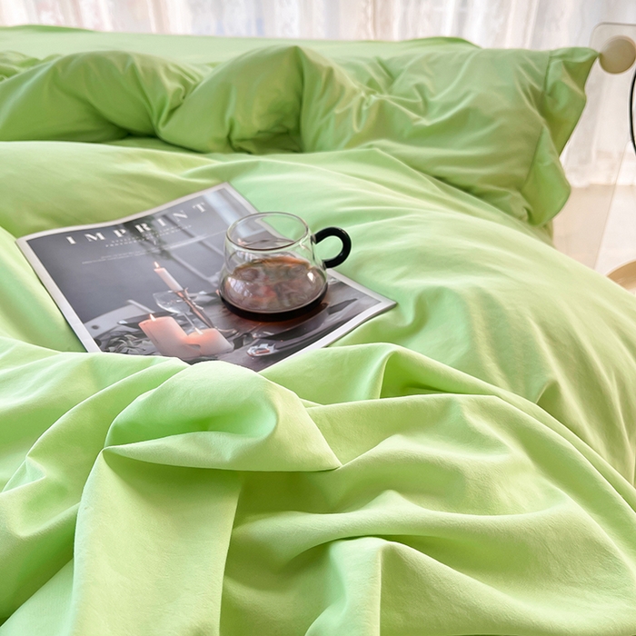 91家纺网 家纺一手货源 找家纺 简爱 2025新款水洗棉雪纺双层花边四件套 抹茶绿