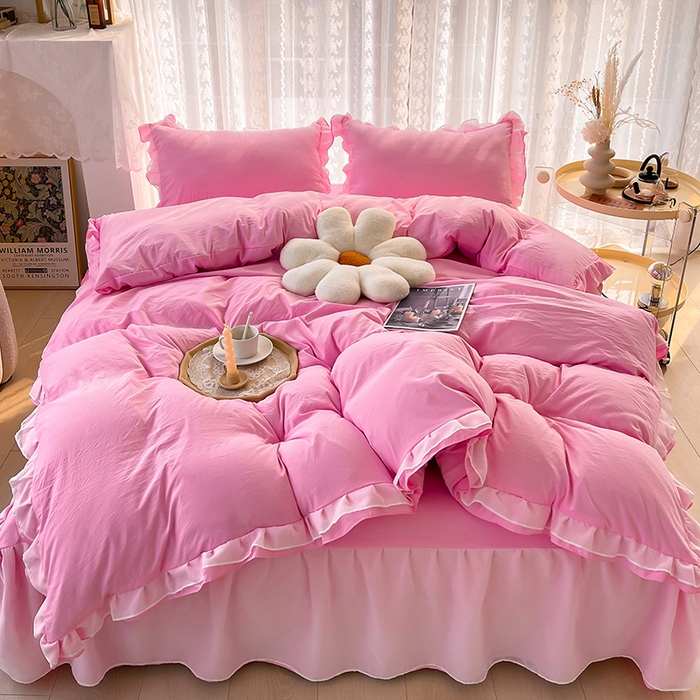 91家纺网 家纺一手货源 找家纺 简爱 2025新款水洗棉雪纺双层花边四件套 奶油黄