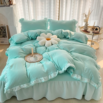 简爱 2025新款水洗棉雪纺双层花边四件套 夏日蓝