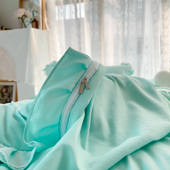 91家纺网 家纺一手货源 找家纺 简爱 2025新款水洗棉雪纺双层花边四件套 夏日蓝