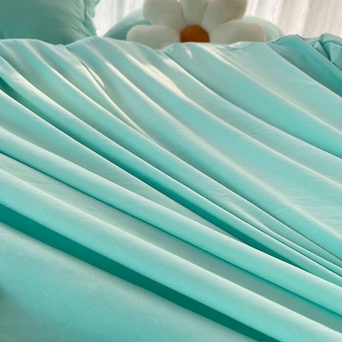 91家纺网 家纺一手货源 找家纺 简爱 2025新款水洗棉雪纺双层花边四件套 夏日蓝