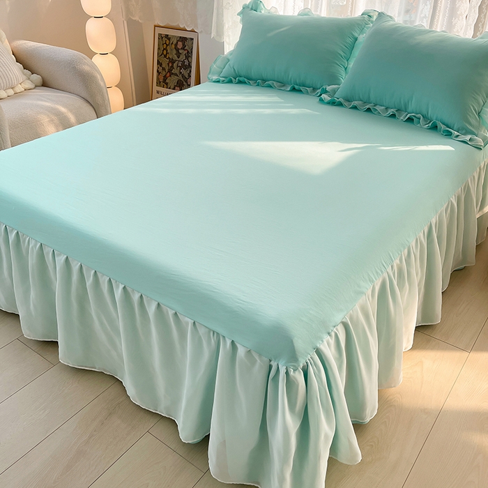 91家纺网 家纺一手货源 找家纺 简爱 2025新款水洗棉雪纺双层花边四件套 夏日蓝