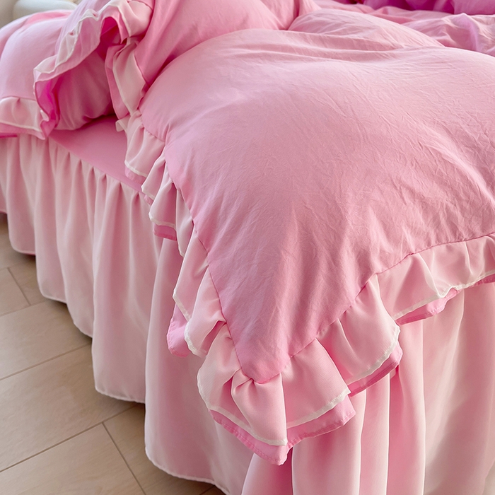 91家纺网 家纺一手货源 找家纺 简爱 2025新款水洗棉雪纺双层花边四件套 胭脂粉