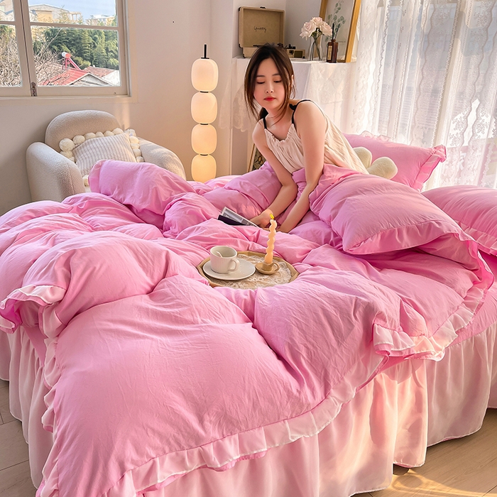 91家纺网 家纺一手货源 找家纺 简爱 2025新款水洗棉雪纺双层花边四件套 胭脂粉