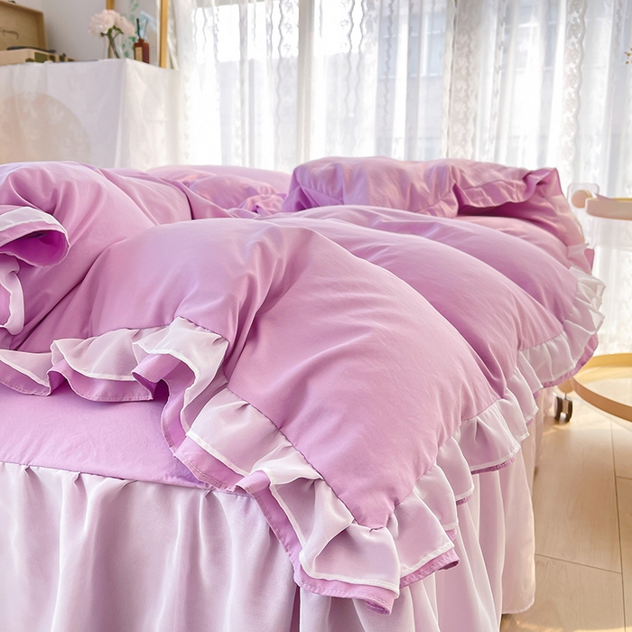 91家纺网 家纺一手货源 找家纺 简爱 2025新款水洗棉雪纺双层花边四件套 优雅紫