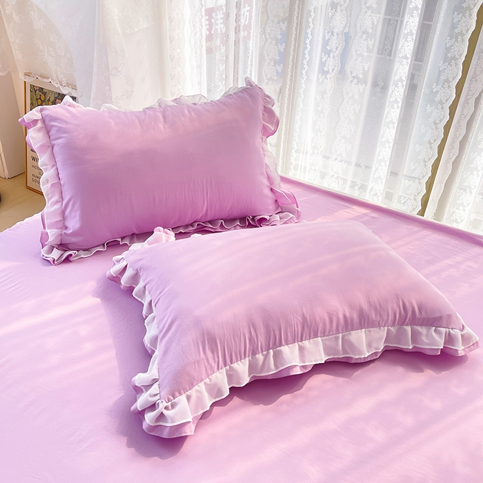 91家纺网 家纺一手货源 找家纺 简爱 2025新款水洗棉雪纺双层花边四件套 优雅紫