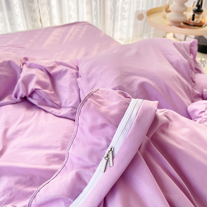 91家纺网 家纺一手货源 找家纺 简爱 2025新款水洗棉雪纺双层花边四件套 优雅紫