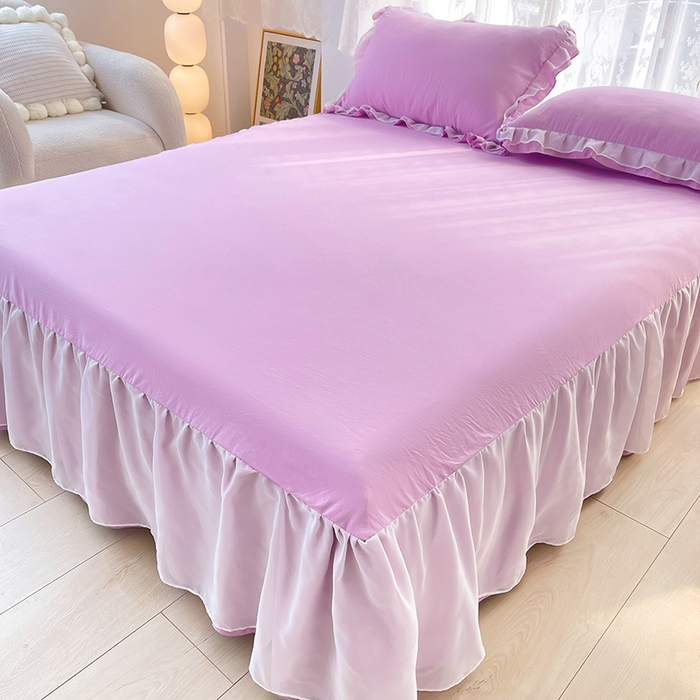 91家纺网 家纺一手货源 找家纺 简爱 2025新款水洗棉雪纺双层花边四件套 优雅紫