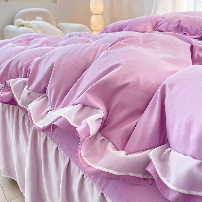 91家纺网 家纺一手货源 找家纺 简爱 2025新款水洗棉雪纺双层花边四件套 优雅紫