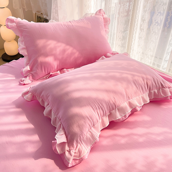 91家纺网 家纺一手货源 找家纺 简爱 2025新款水洗棉雪纺双层花边四件套 胭脂粉