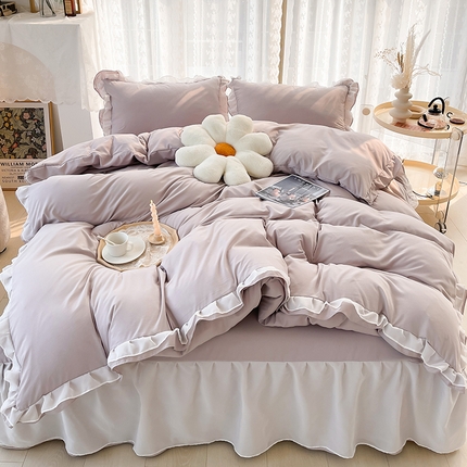 91家纺网 家纺一手货源 找家纺 简爱 2025新款水洗棉雪纺双层花边四件套 高级灰