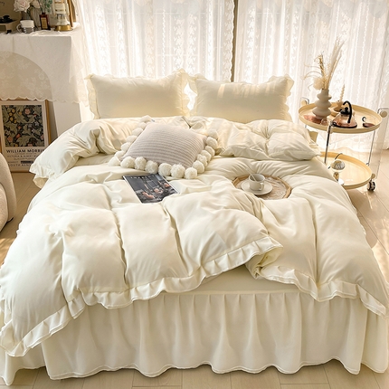 91家纺网 家纺一手货源 找家纺 简爱 2025新款水洗棉雪纺双层花边四件套 奶油黄