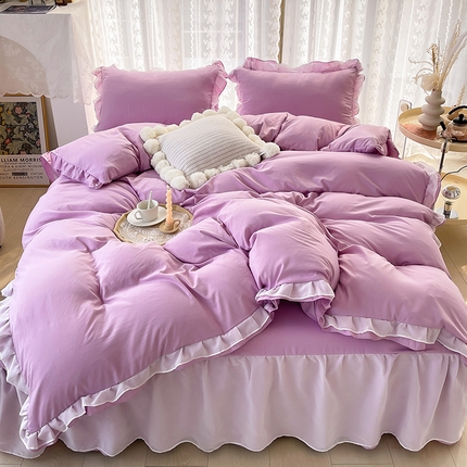 91家纺网 家纺一手货源 找家纺 简爱 2025新款水洗棉雪纺双层花边四件套 优雅紫