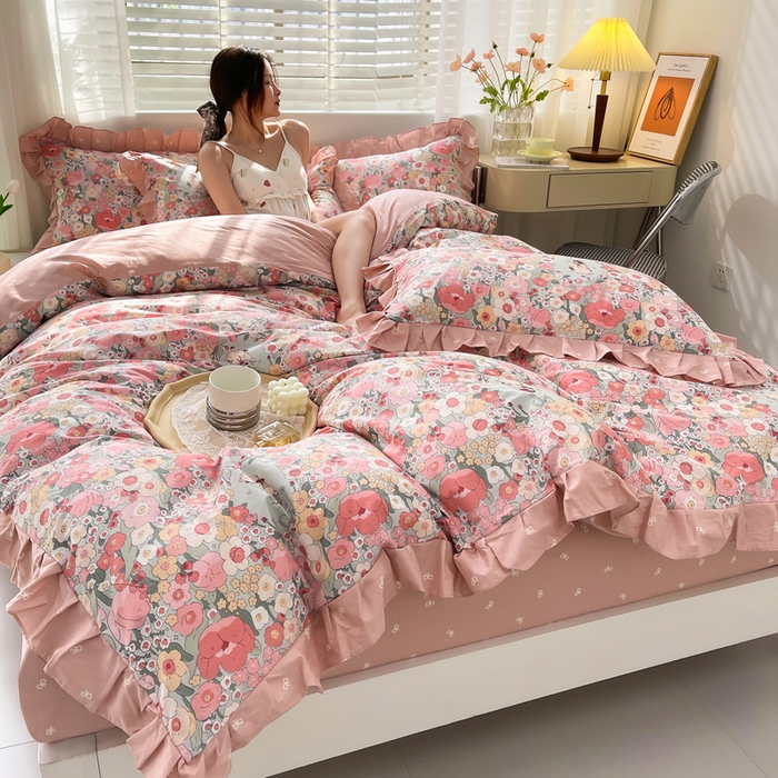 91家纺网 家纺一手货源 找家纺 简爱 2025新款13372韩版纯棉花边四件套 爱莲娜