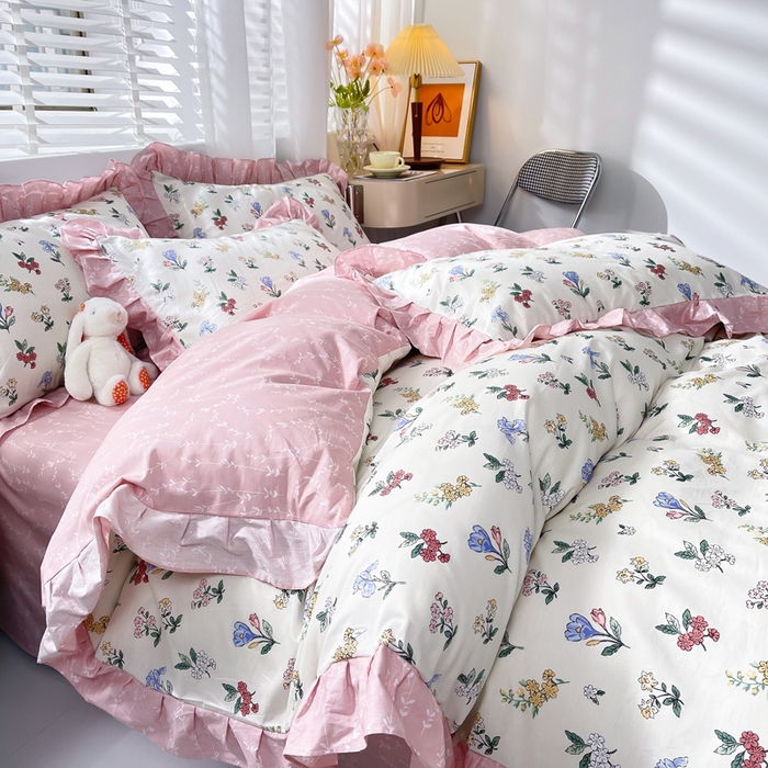 91家纺网 家纺一手货源 找家纺 简爱 2025新款13372韩版纯棉花边四件套 百花谷