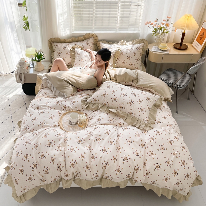 91家纺网 家纺一手货源 找家纺 简爱 2025新款13372韩版纯棉花边四件套 点点心语