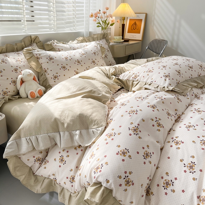 91家纺网 家纺一手货源 找家纺 简爱 2025新款13372韩版纯棉花边四件套 点点心语