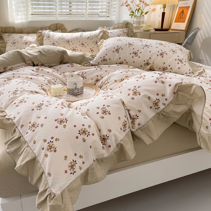 91家纺网 家纺一手货源 找家纺 简爱 2025新款13372韩版纯棉花边四件套 点点心语